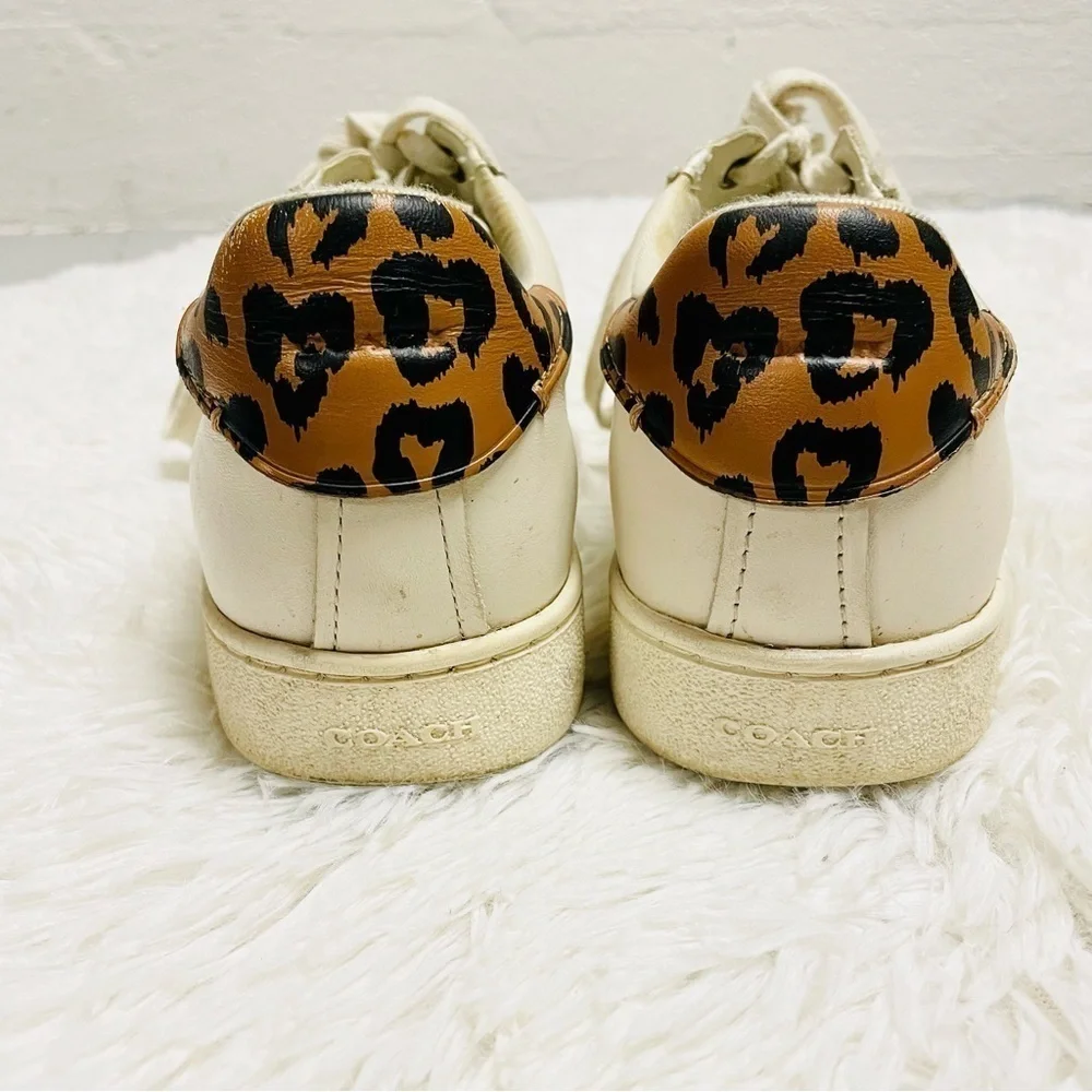 Coach Low Top Leather Sneakers 9B Leopard Print Heel Off-White Luxury C126